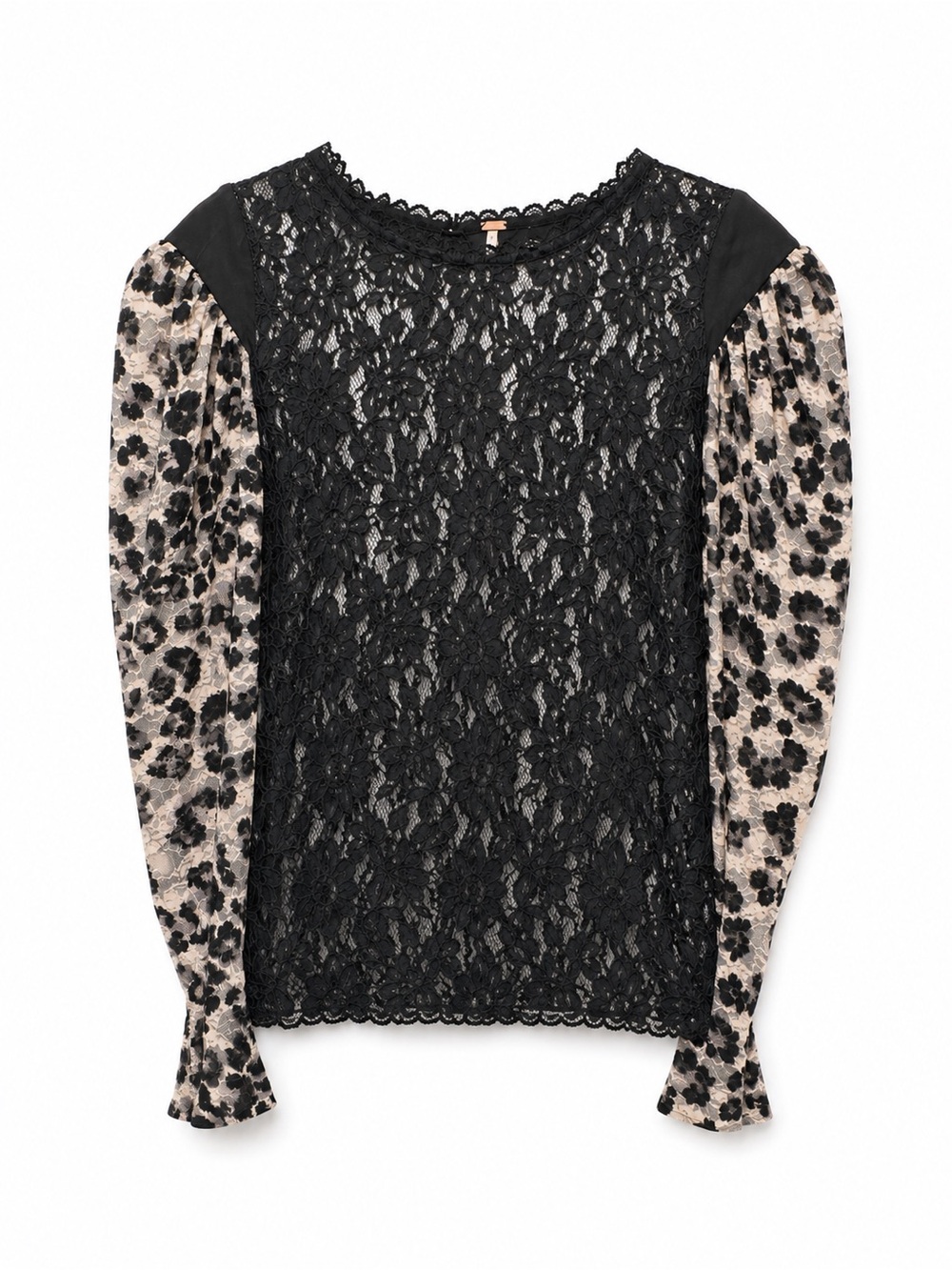 Free People Black Lace‎ Front Leopard Mixed-Print Long Sleeve Blouse - Picture 3 of 6